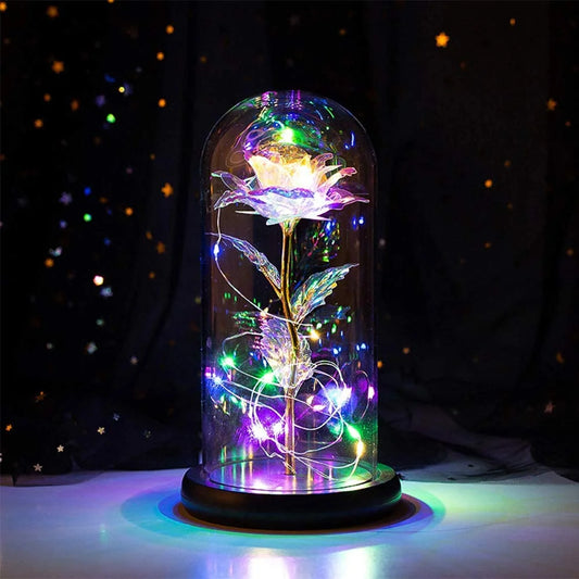 RELAX 8.66" Artificial Multicolor LED Rose Flower in Glass Dome