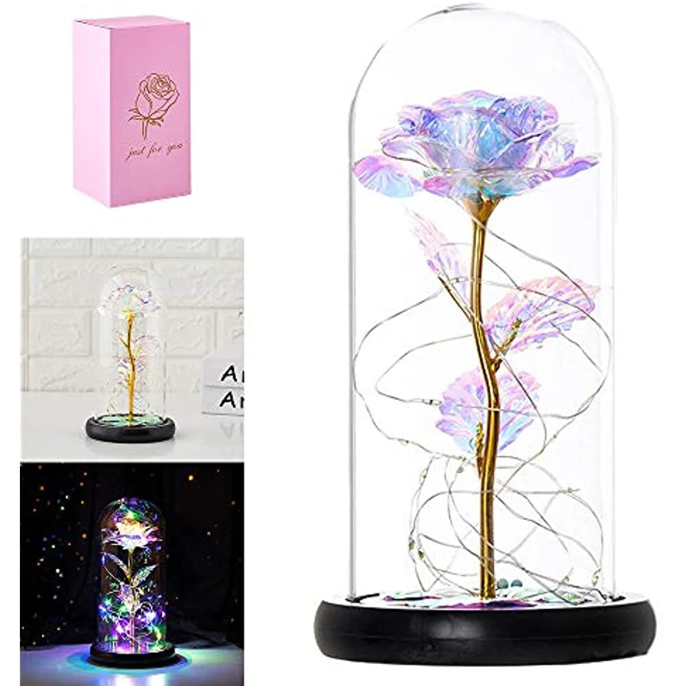 RELAX 8.66" Artificial Multicolor LED Rose Flower in Glass Dome